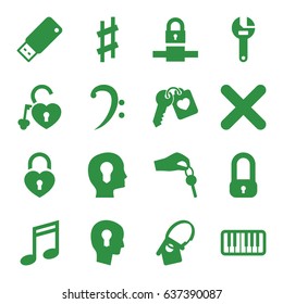 Key icons set. set of 16 key filled icons such as wrench, heart lock, heart key, bass clef, piano, musical sharp, cancel, usb drive, home key tag, music note
