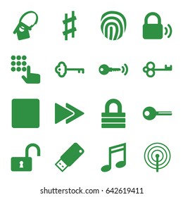 Key icons set. set of 16 key filled icons such as lock, opened lock, stop, fast forward, musical sharp, usb drive, fingerprint, music note