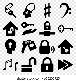 Key icons set. set of 16 key filled icons such as key, opened lock, lock, bass clef, fast forward, musical sharp, note