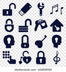 Key icons set. set of 16 key filled icons such as opened lock, wrench, heart key, heart lock, treble clef, note, usb drive, home key, lock