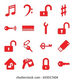 Key icons set. set of 16 key filled icons such as opened lock, bass clef, musical sharp, usb drive, home lock, wrench, music note