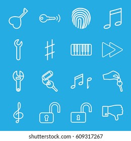 Key icons set. set of 16 key outline icons such as wrench, opened lock, dislike, treble clef, fast forward, piano, musical sharp, note, fingerprint, open lock