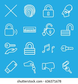 Key icons set. set of 16 key outline icons such as lock, opened lock, heart lock, dislike, cancel, note, usb drive, fingerprint