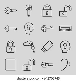 Key icons set. set of 16 key outline icons such as wrench, lock, bass clef, stop, usb drive, key, hand with key, open lock