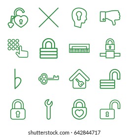 Key icons set. set of 16 key outline icons such as lock, opened lock, heart lock, dislike, bemol, cancel, home key, wrench, hand on atm