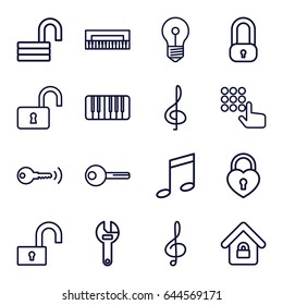 Key icons set. set of 16 key outline icons such as opened lock, wrench, heart lock, treble clef, piano, key, hand on atm, music note