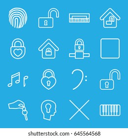 Key icons set. set of 16 key outline icons such as opened lock, heart lock, bass clef, stop, piano, cancel, note, hand with key, keyhole in head