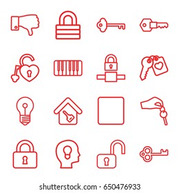 Key icons set. set of 16 key outline icons such as lock, heart lock, heart key, dislike, stop, piano, home key