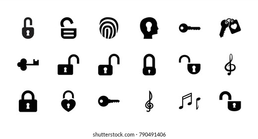 Key icons. set of 18 editable filled key icons: key, lock, open lock, treble clef, note