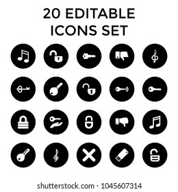 Key icons. set of 20 editable filled key icons such as lock, music note, dislike, treble clef, cancel, usb drive. best quality key elements in trendy style.