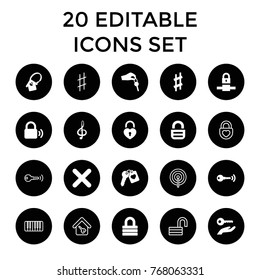 Key icons. set of 20 editable filled and outline key icons such as lock, heart lock, treble clef, musical sharp, cancel, opened lock