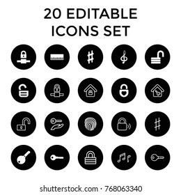 Key icons. set of 20 editable filled and outline key icons such as opened lock, piano, heart lock, treble clef, musical sharp, note