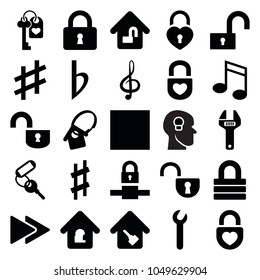 Key icons. set of 25 editable filled key icons such as key, lock, heart lock, treble clef, fast forward, musical sharp, wrench, music note, stop