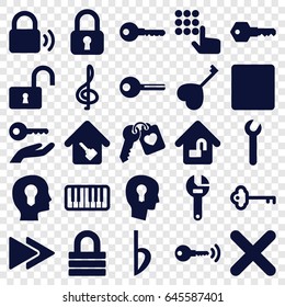 Key icons set. set of 25 key filled icons such as key, lock, wrench, opened lock, heart key, stop, fast forward, piano, bemol, cancel, home lock, treble clef
