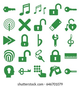 Key icons set. set of 25 key filled icons such as key, wrench, lock, opened lock, treble clef, fast forward, bemol, cancel, note, usb drive, fingerprint, music note, piano