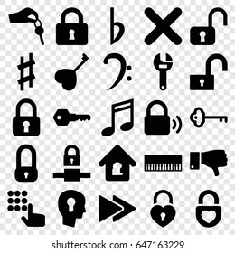Key icons set. set of 25 key filled icons such as wrench, lock, heart key, heart lock, dislike, bass clef, fast forward, musical sharp, bemol, cancel, music note, piano