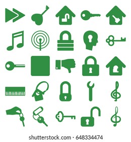 Key icons set. set of 25 key filled icons such as key, lock, dislike, treble clef, stop, fast forward, lock home, wrench, music note