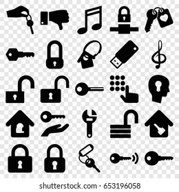 Key icons set. set of 25 key filled icons such as key, opened lock, wrench, lock, dislike, treble clef, usb drive, lock home, music note