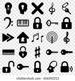 Key icons set. set of 25 key filled icons such as key, lock, heart lock, treble clef, bass clef, fast forward, piano, musical sharp, cancel, note