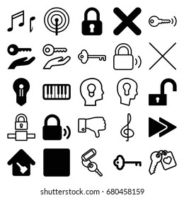 Key icons set. set of 25 key filled and outline icons such as stop, fast forward, piano, cancel, note, home key, key, lock, keyhole, dislike