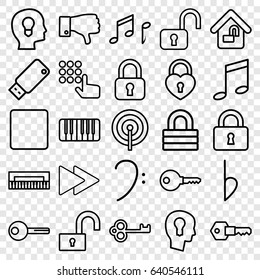 Key icons set. set of 25 key outline icons such as lock, heart lock, dislike, bass clef, stop, fast forward, piano, bemol, note, usb drive, key, keyhole in head, hand on atm