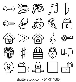 Key icons set. set of 25 key outline icons such as key, lock, opened lock, dislike, stop, fast forward, musical sharp, bemol, fingerprint, treble clef