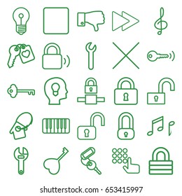 Key icons set. set of 25 key outline icons such as key, lock, wrench, heart key, dislike, treble clef, stop, fast forward, piano, cancel, note, open lock