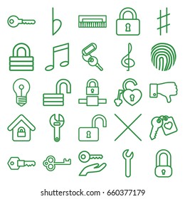 Key icons set. set of 25 key outline icons such as key, lock, opened lock, wrench, dislike, musical sharp, bemol, cancel, fingerprint, treble clef, music note