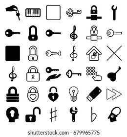 Key icons set. set of 36 key filled and outline icons such as lock, wrench, heart key, heart lock, treble clef, stop, piano, usb drive, key, fast forward, musical sharp, bemol