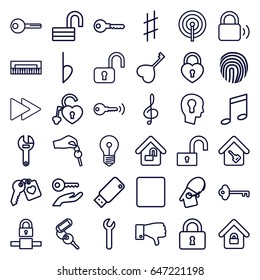 Key icons set. set of 36 key outline icons such as key, opened lock, wrench, lock, heart key, dislike, treble clef, stop, fast forward, musical sharp, bemol, usb drive