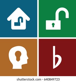 Key icons set. set of 4 key filled icons such as bemol, home lock, head with keyhole