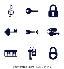 Key icons. set of 9 editable filled key icons such as lock, heart lock, piano