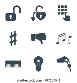 Key icons. set of 9 editable filled key icons such as piano, open lock, heart lock, keyhole, dislike, musical sharp, note, hand with key