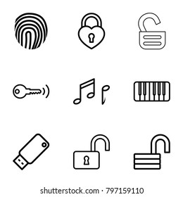 Key icons. set of 9 editable outline key icons such as opened lock, heart lock, piano, note, usb drive, fingerprint