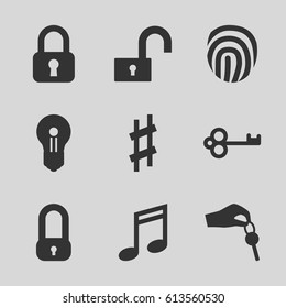 Key icons set. set of 9 key filled icons such as musical sharp, hand with key, fingerprint, music note