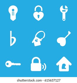 Key icons set. set of 9 key filled icons such as key, wrench, heart lock, bemol, lock home