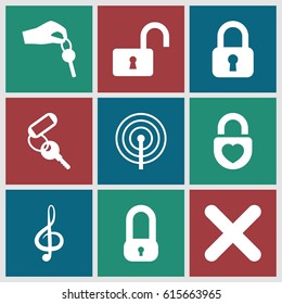 Key icons set. set of 9 key filled icons such as opened lock, heart lock, treble clef, cancel