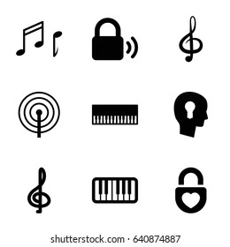 Key icons set. set of 9 key filled icons such as heart lock, treble clef, piano, note, keyhole in head