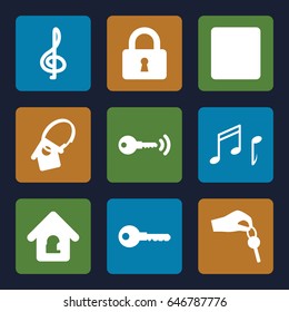 Key icons set. set of 9 key filled icons such as lock, stop, note, lock home