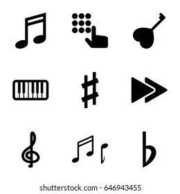 Key icons set. set of 9 key filled icons such as heart key, fast forward, piano, musical sharp, bemol, note, music note, treble clef