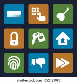 Key icons set. set of 9 key filled icons such as heart key, dislike, fast forward, lock home, fingerprint, piano, lock