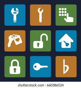 Key icons set. set of 9 key filled icons such as wrench, bemol, lock, open lock
