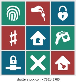 Key icons set. set of 9 key filled icons such as heart lock, musical sharp, cancel, lock home, fingerprint