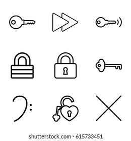 Key icons set. set of 9 key outline icons such as lock, heart lock, bass clef, fast forward, cancel
