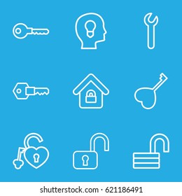 Key icons set. set of 9 key outline icons such as key, opened lock, heart lock