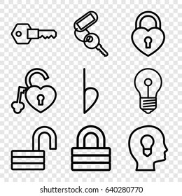 Key icons set. set of 9 key outline icons such as key, lock, opened lock, heart lock, bemol, head with keyhole