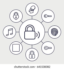 Key icons set. set of 9 key outline icons such as heart lock, stop, lock, fingerprint