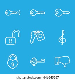 Key icons set. set of 9 key outline icons such as heart lock, dislike, treble clef