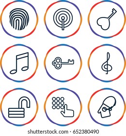 Key icons set. set of 9 key outline icons such as opened lock, fingerprint, treble clef, hand on atm, lock