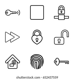Key icons set. set of 9 key outline icons such as heart lock, stop, fast forward, home lock, key